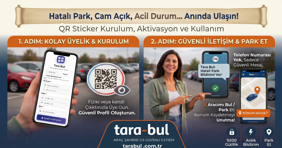 Tara Bul kullanıcı rehberi adım adım QR sticker aktivasyon ve park etme adımları